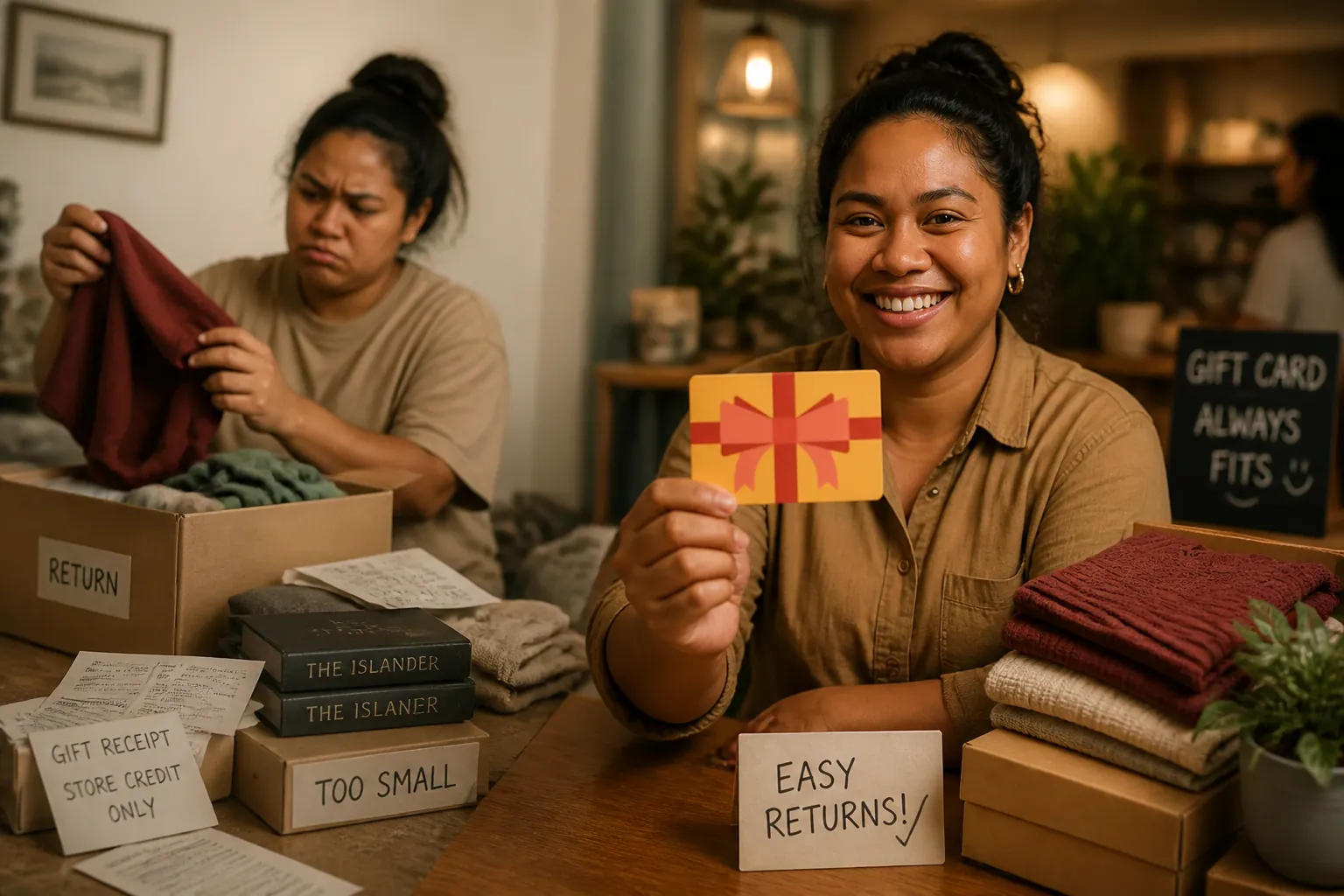 Photo collage showing discarded gift receipts, returned items in boxes, and disappointed expressions on faces of people with wrong-sized clothing and duplicate books, warm but relatable indoor lighting