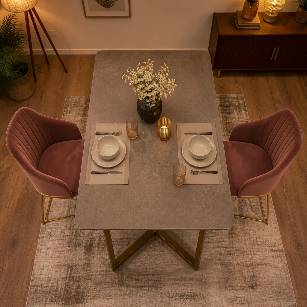 Complete dining setup with two Barfi velvet chairs around a modern table showing coordinated designer aesthetic in warm lighting