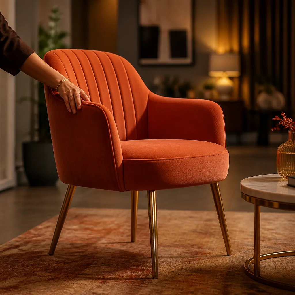 CHAIR KING Barfi Velvet Dining Chair in rich terracotta coral showing elegant silhouette with supportive armrests and plush cushioned seat