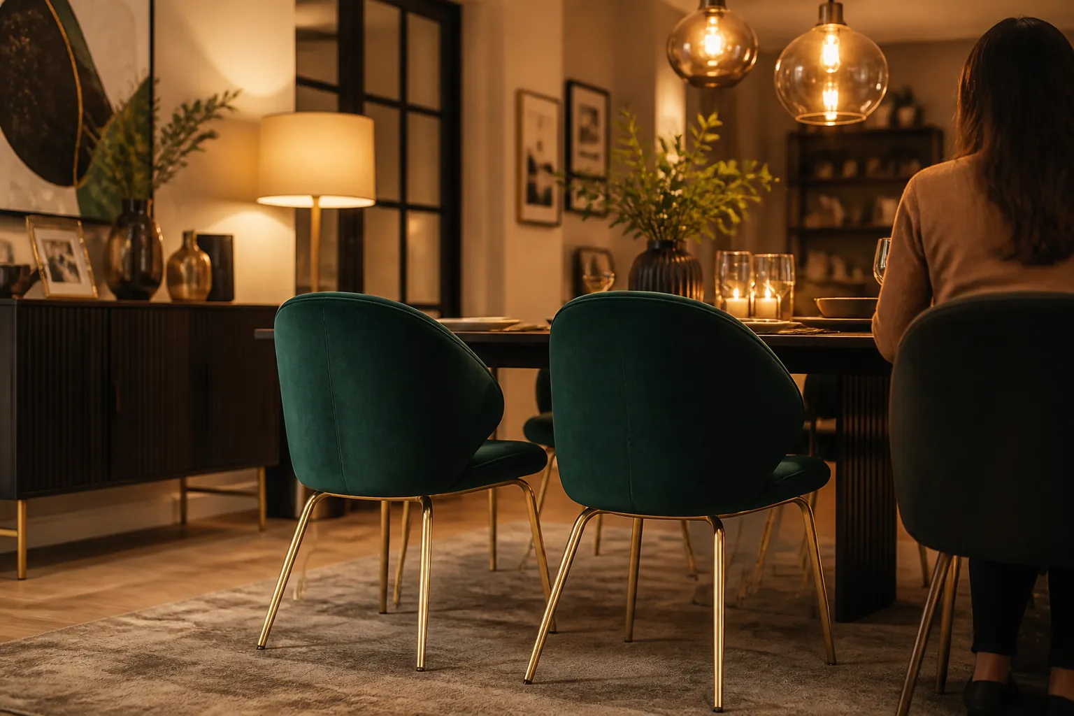Beautiful transformed dining space with Barfi velvet chairs as the stunning centerpiece surrounded by warm ambient lighting and tasteful decor