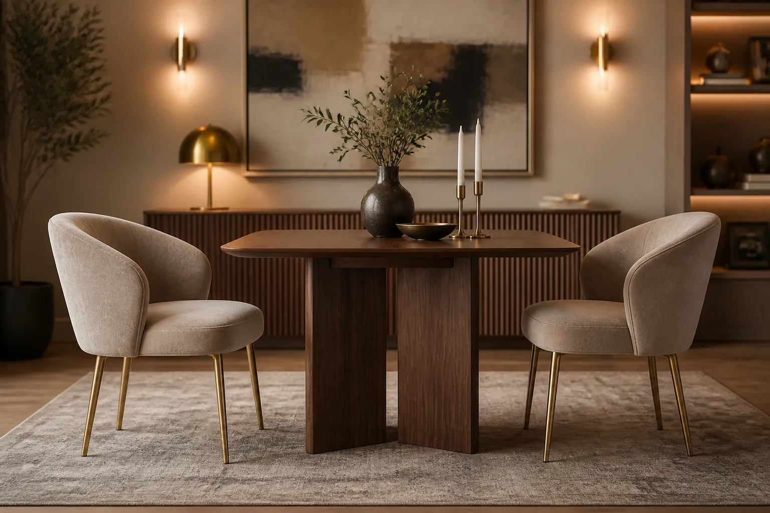 Elegant modern dining room with velvet accent chairs surrounding a sleek wooden table under warm ambient lighting with tasteful wall art