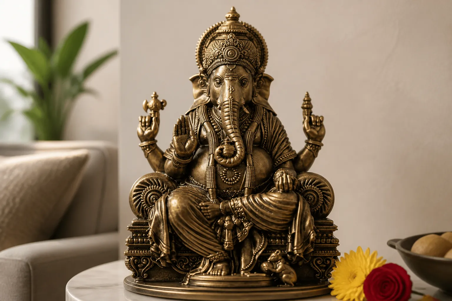 Modern living room corner with the Ganesha statue as a centerpiece on a marble side table
