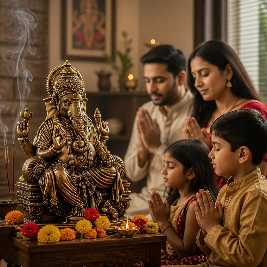 Warm peaceful scene of an Indian family praying together in their puja room with the Ganesha idol