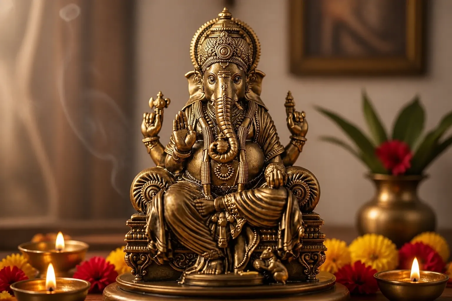 Elegant prayer room featuring the Ganesha idol on a wooden altar with brass diyas and fresh flowers