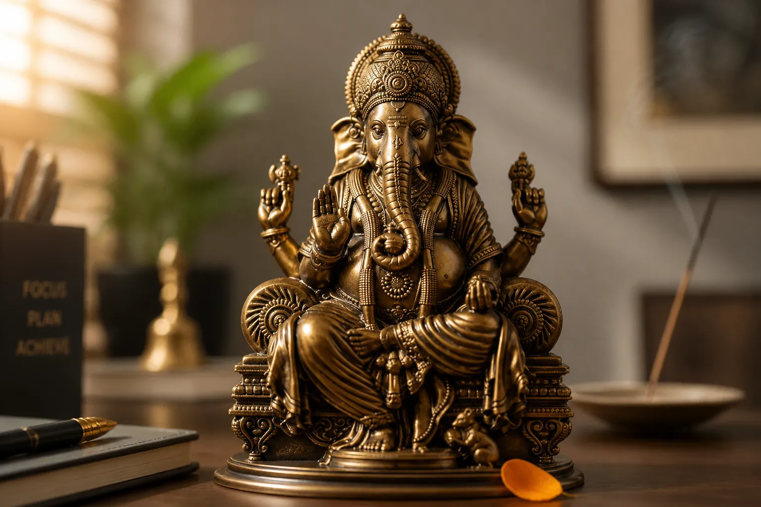 Professional office desk with the sacred idol bringing positive energy and prosperity