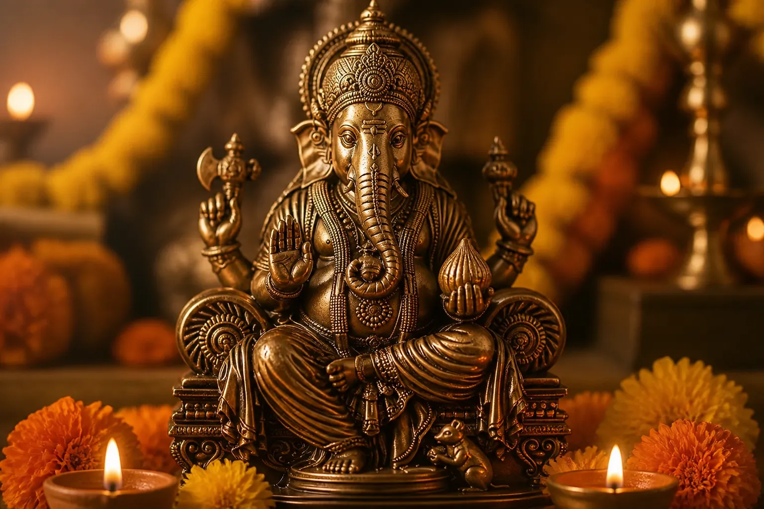 Sacred final image of Lord Ganesha surrounded by glowing diyas and marigold garlands representing divine blessings
