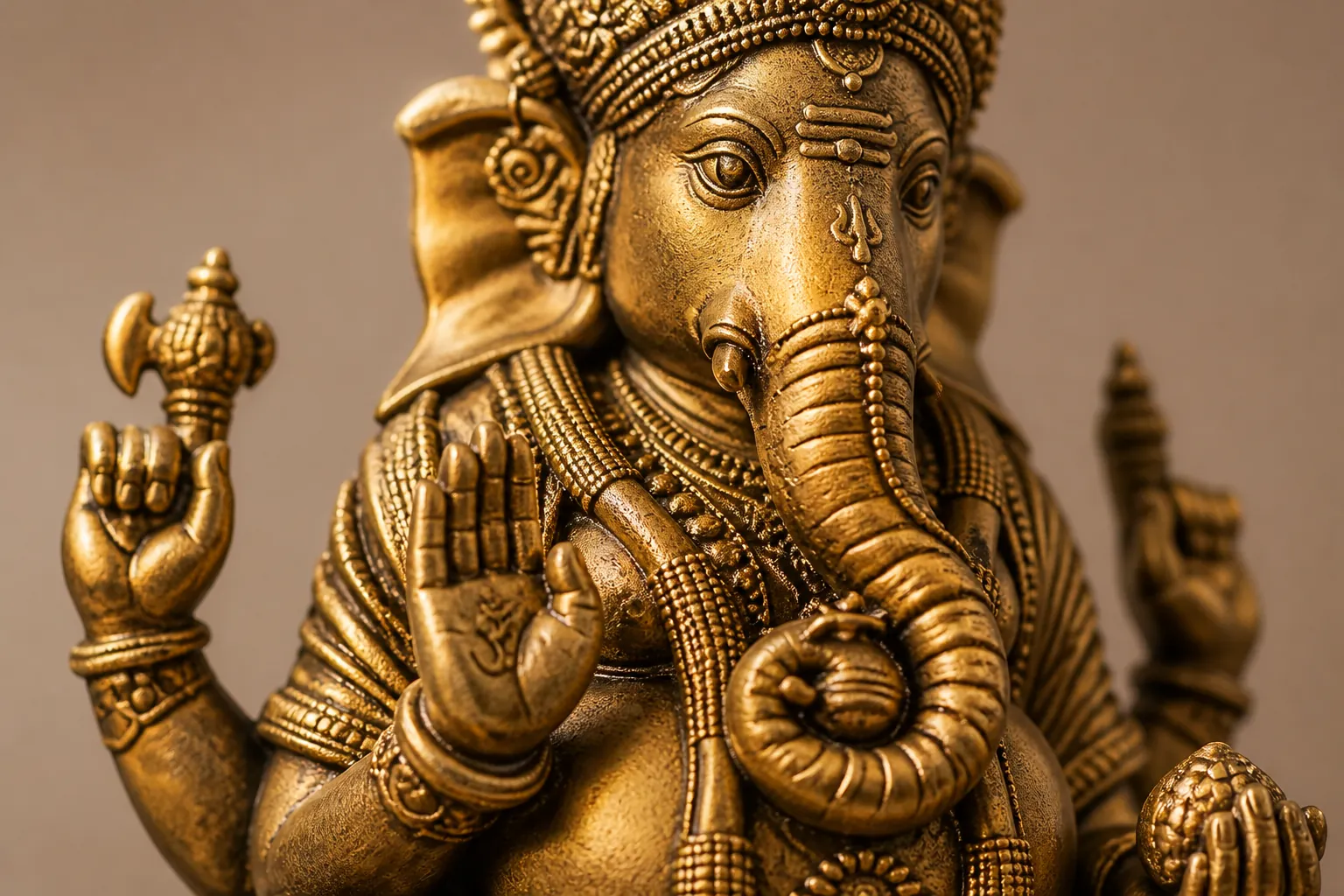 Close-up of the elephant trunk curved in blessing position showing smooth craftsmanship