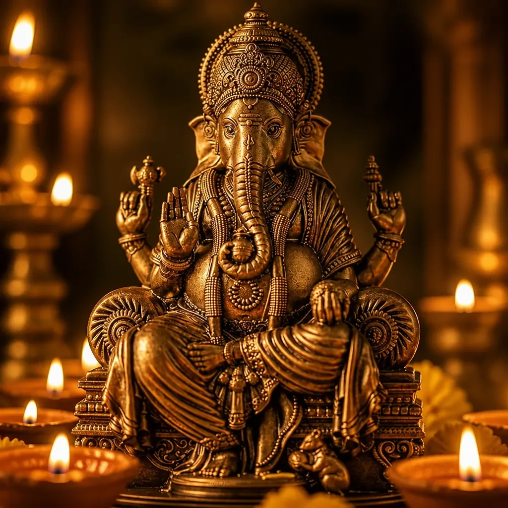 Beautifully lit Lord Ganesha idol surrounded by warm golden diyas creating a divine and peaceful atmosphere