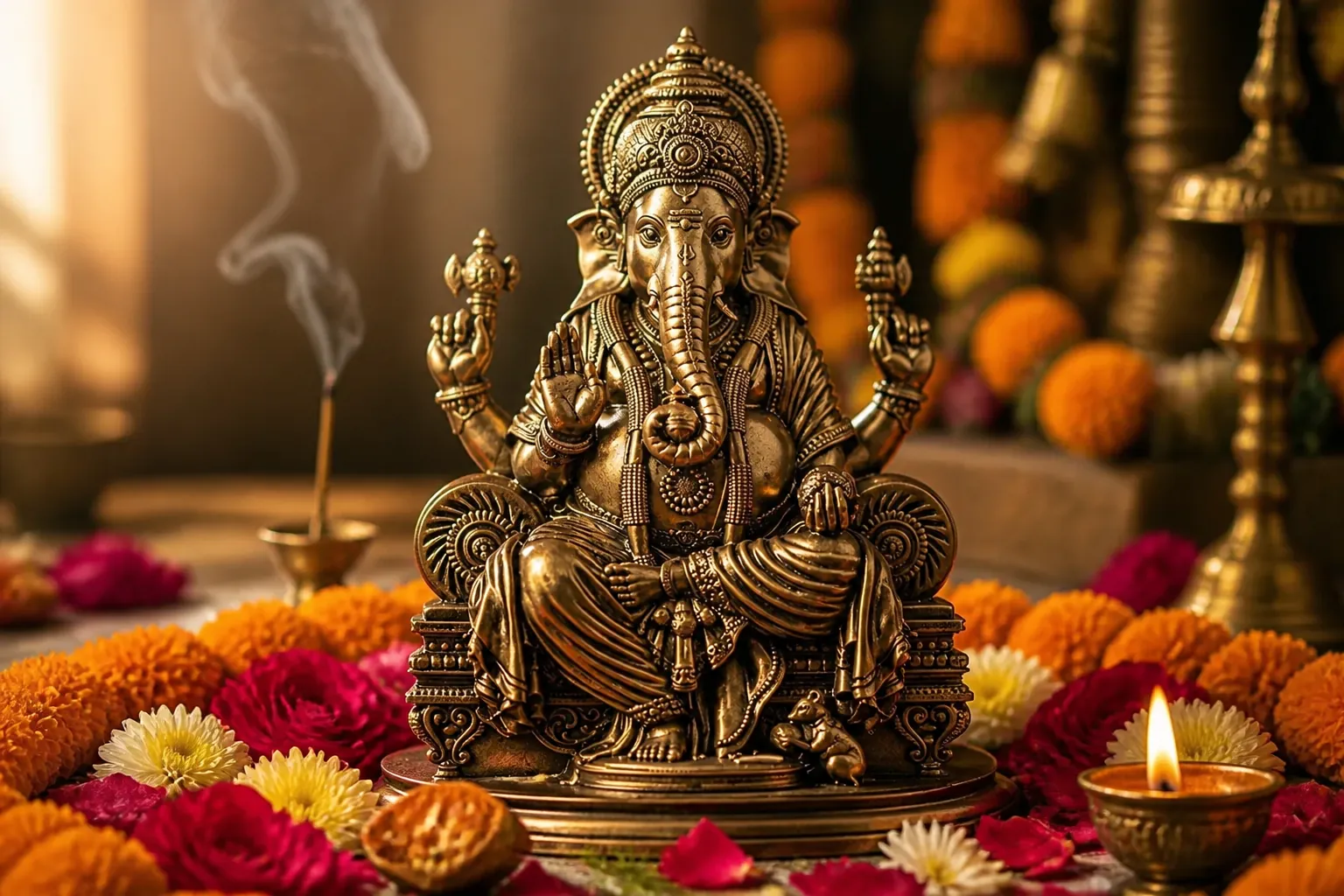 Beautiful Ganesh Chaturthi decoration with rangoli, marigolds, and the idol as the focal point