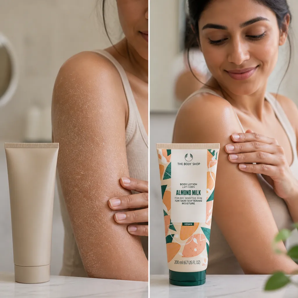Split comparison showing dry, flaky skin on one side transforming into smooth, hydrated skin on the other side with a glowing woman demonstrating the transformation