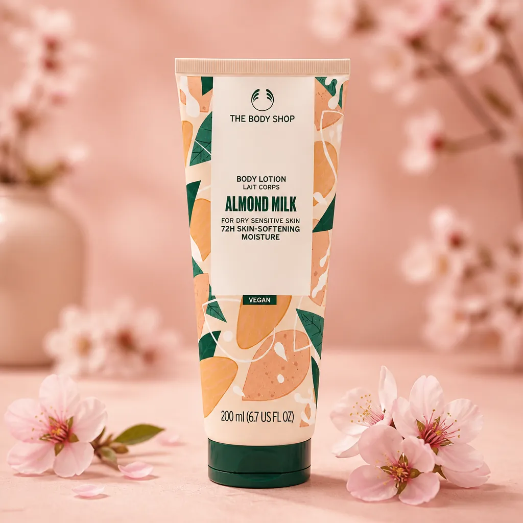 Almond Milk Creamy Body Lotion tube with fresh almond blossoms in soft pink background, inspirational wellness aesthetic