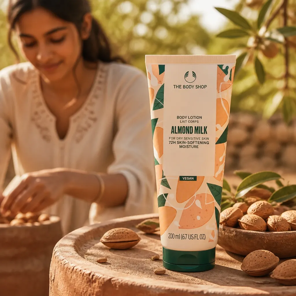Sun-drenched almond orchards in Spain with rustic terracotta pottery and fresh organic almonds, warm golden hour lighting