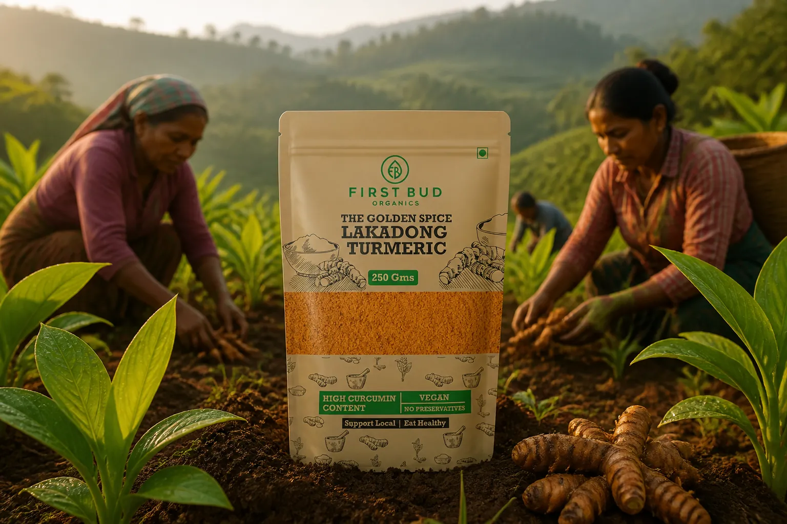 Lush green turmeric fields in Meghalaya's West Jaintia Hills with local farmers harvesting fresh turmeric roots at dawn