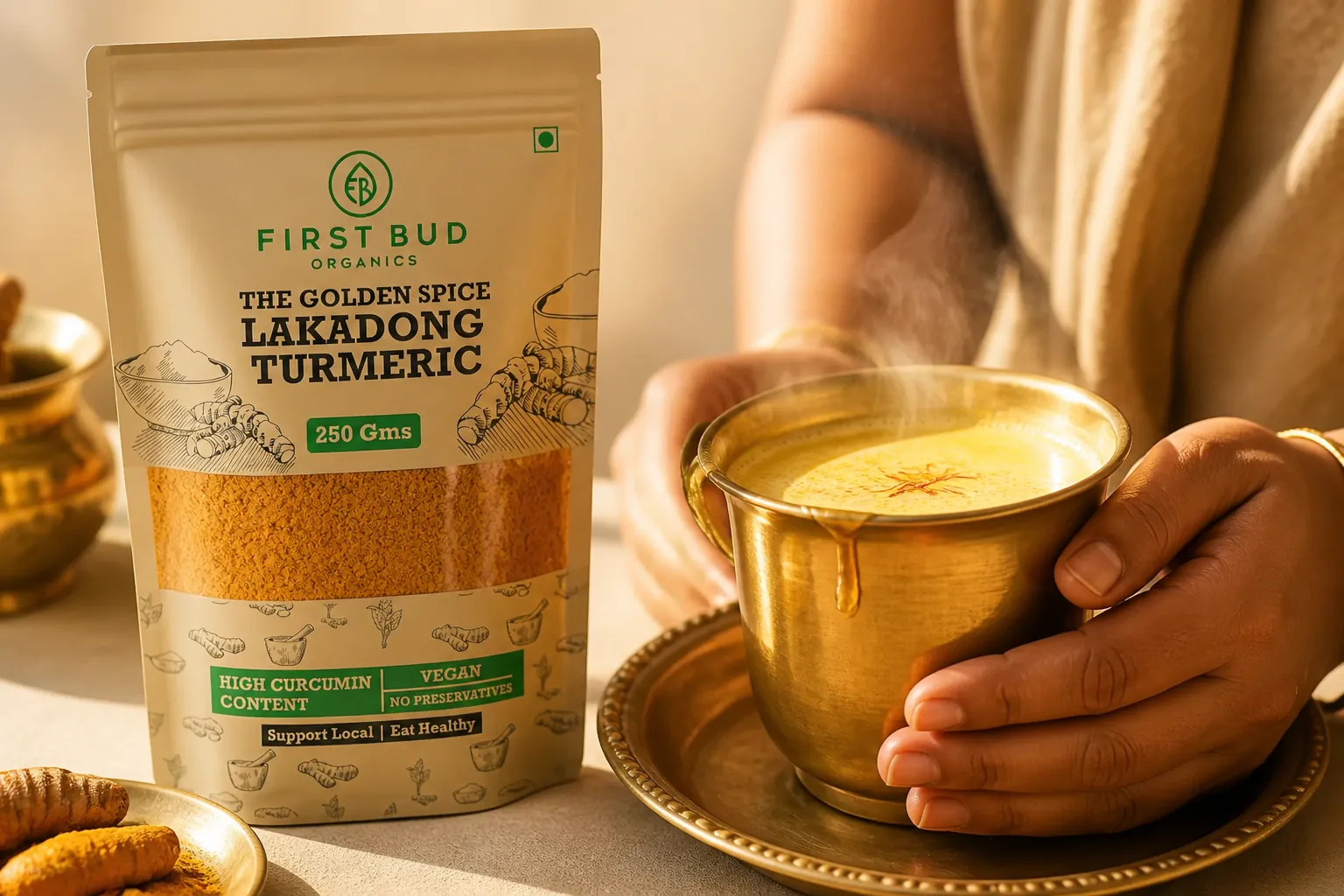 Warm golden haldi milk prepared in a traditional Indian brass cup with honey drizzle, soft morning light illuminating the steam rising from the cup