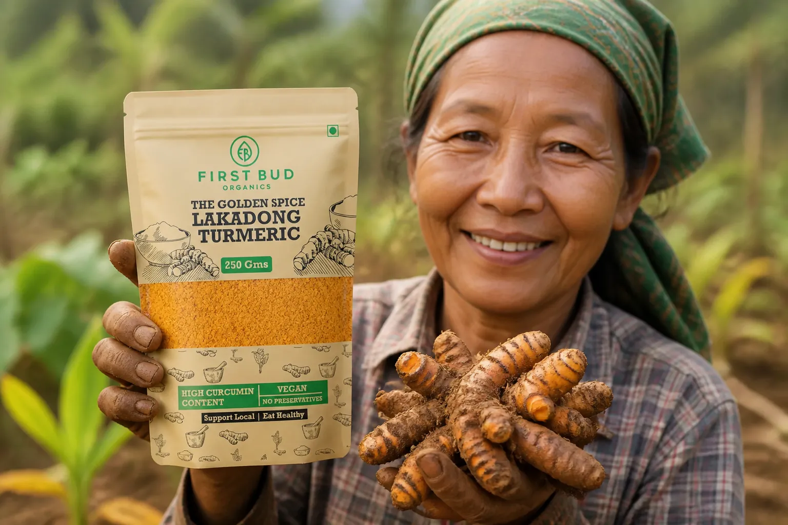 Indigenous farmer from Meghalaya holding freshly harvested turmeric roots with earth on their hands, smiling at camera