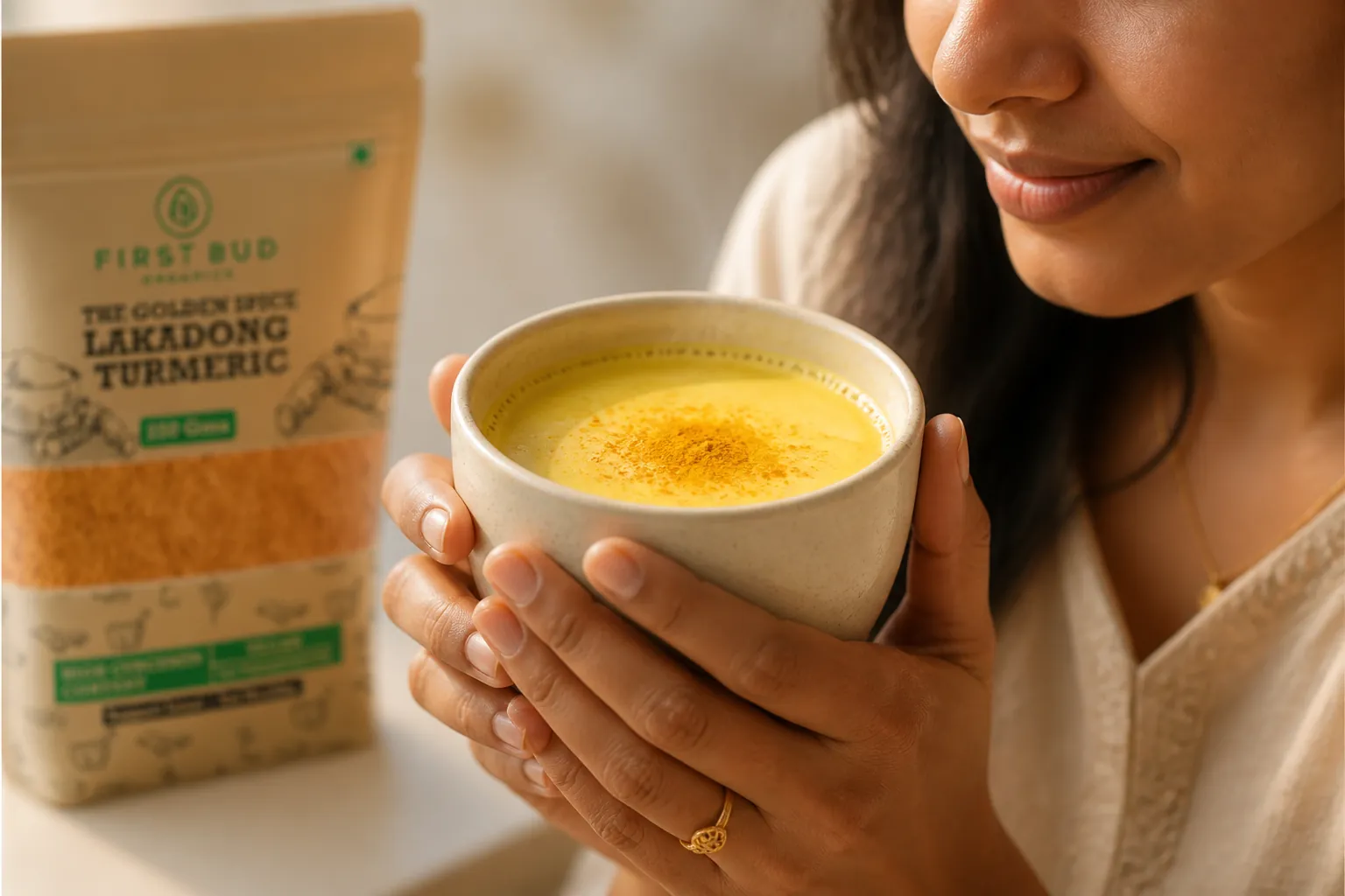 Traditional golden milk haldi doodh in a ceramic cup with a golden sprinkle of Lakadong turmeric powder on top