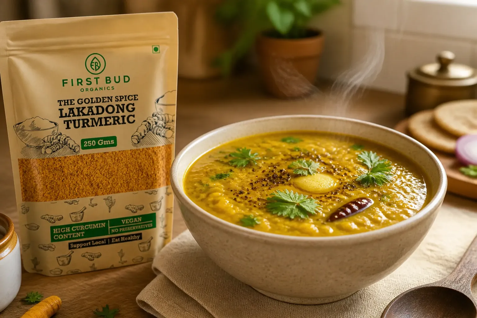 Bowl of freshly made dal tadka with visible turmeric, garnished with coriander leaves and ghee