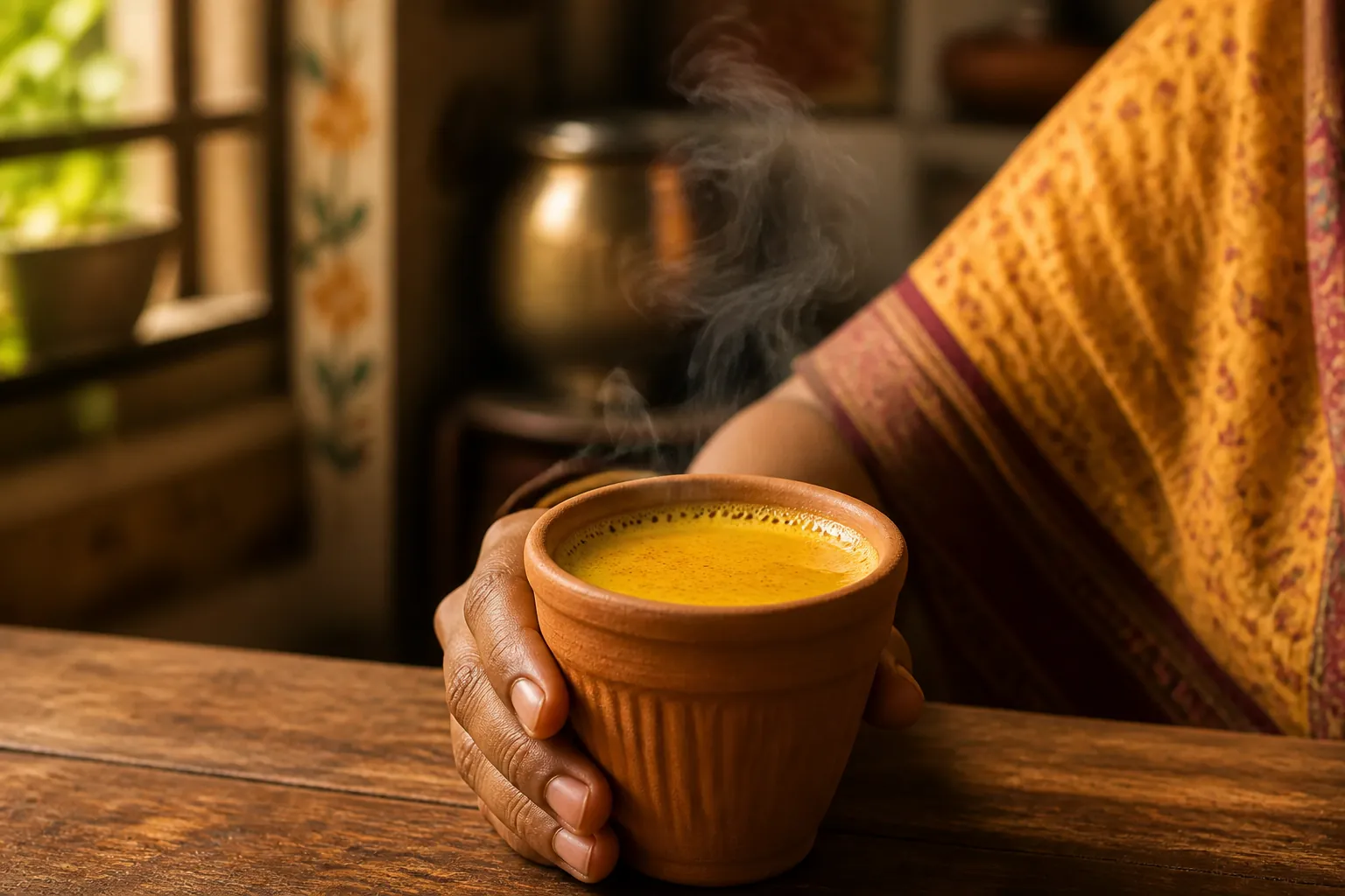 Steaming cup of masala chai with golden yellow color from added turmeric in traditional kulhad