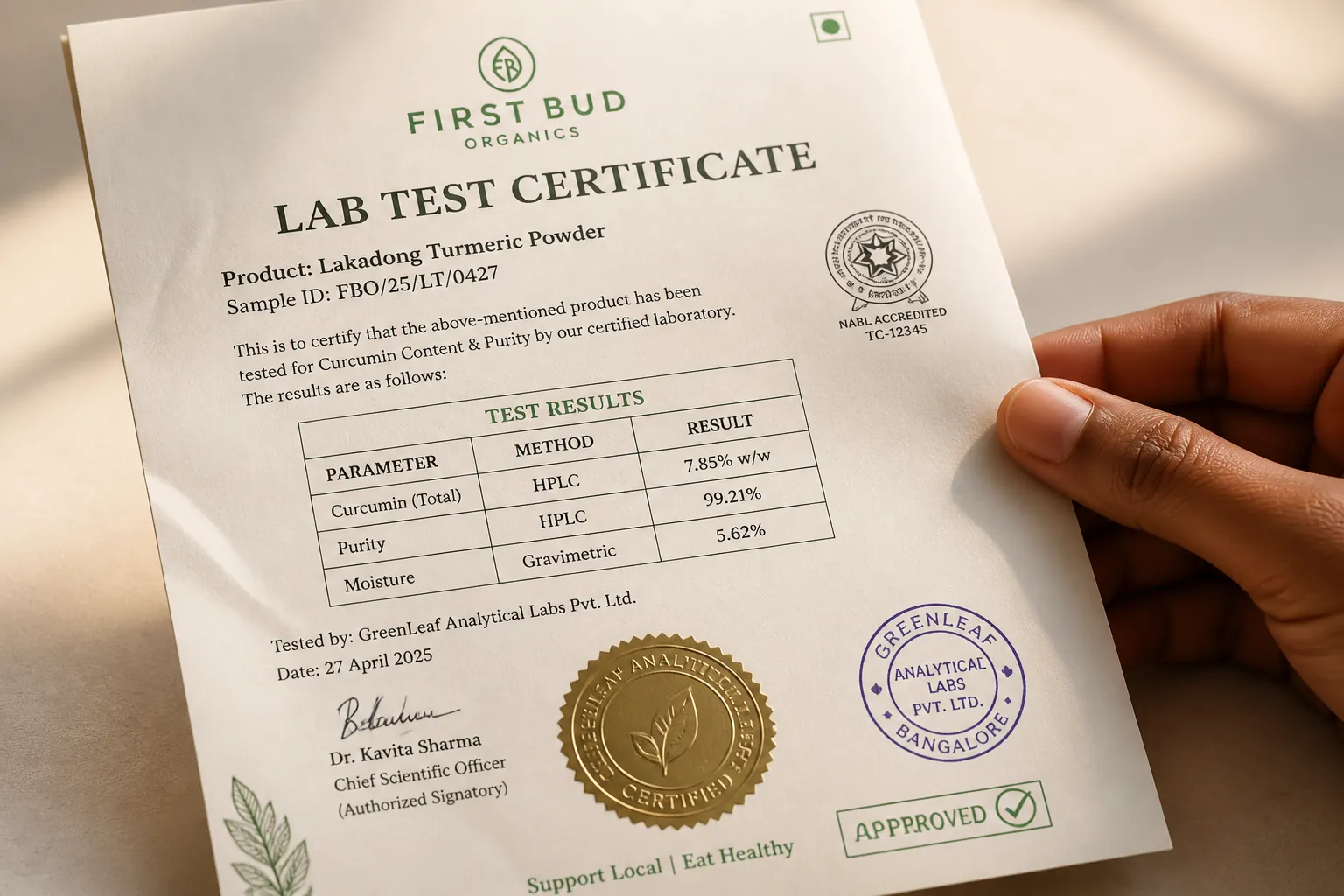 Close-up of official lab testing certificate showing curcumin percentage analysis with official seals and stamps