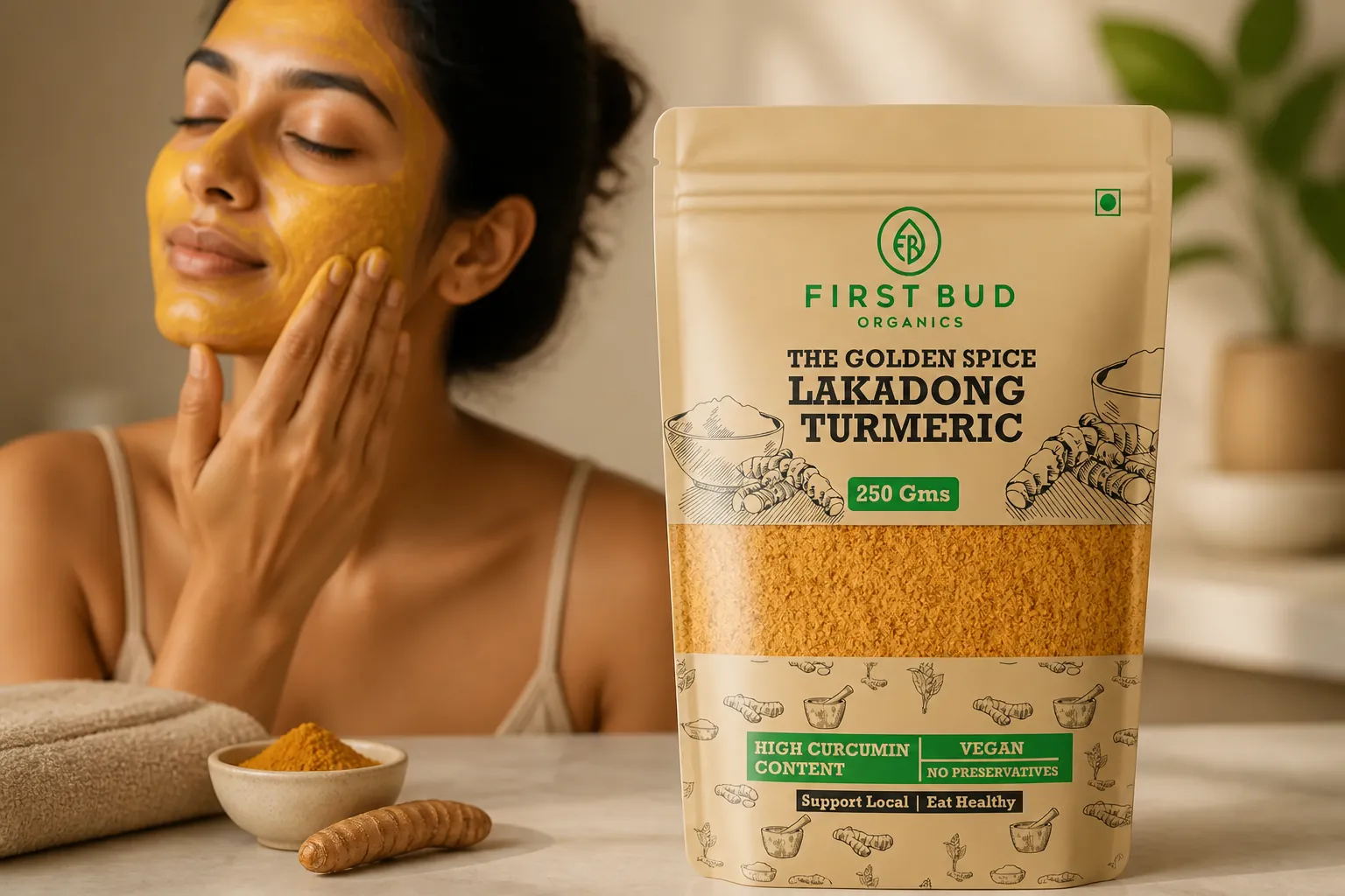 Natural face pack with golden turmeric paste being applied to a woman's face in a spa setting