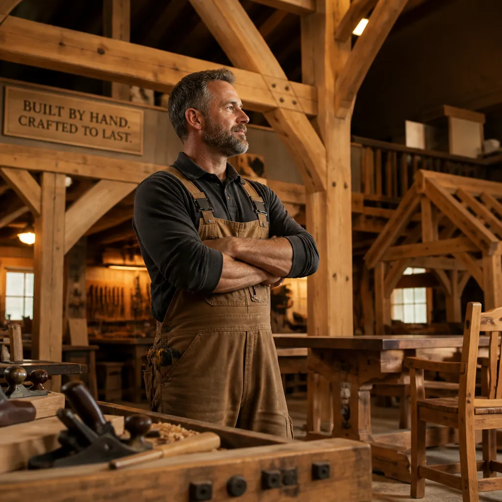Professional master carpenter standing proudly in their well-organized woodworking workshop, surrounded by beautiful timber frame projects including beams, furniture, and structural elements
