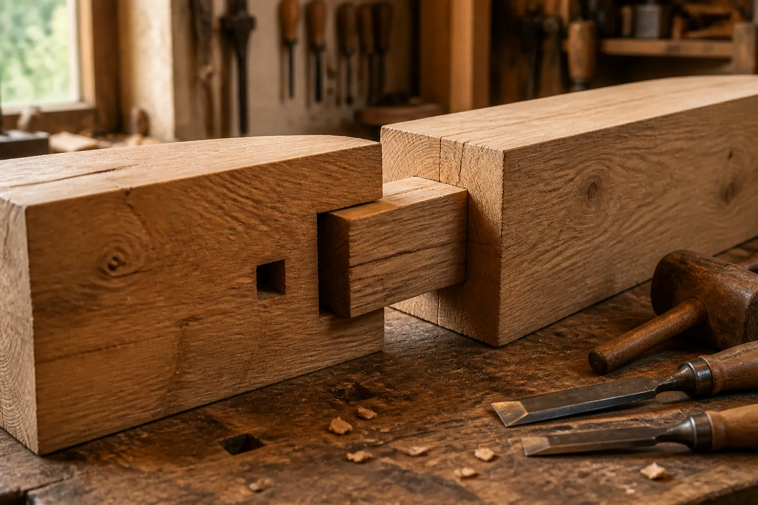 Two timber beams being joined together using traditional mortise and tenon woodworking technique, showing the interlocking wooden joints