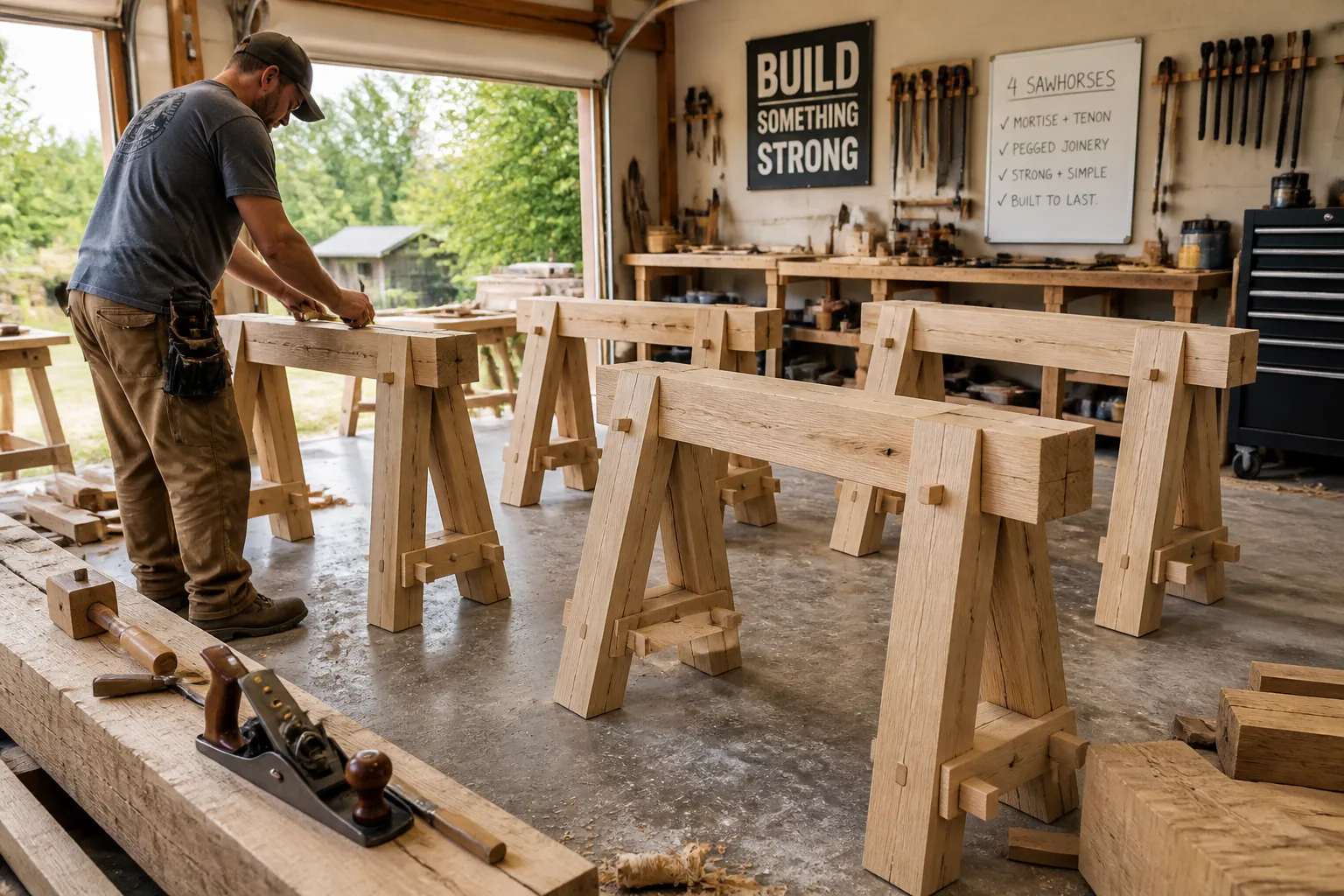 Proud beginner woodworker Sarah displaying her completed timber frame sawhorses in her small apartment workshop