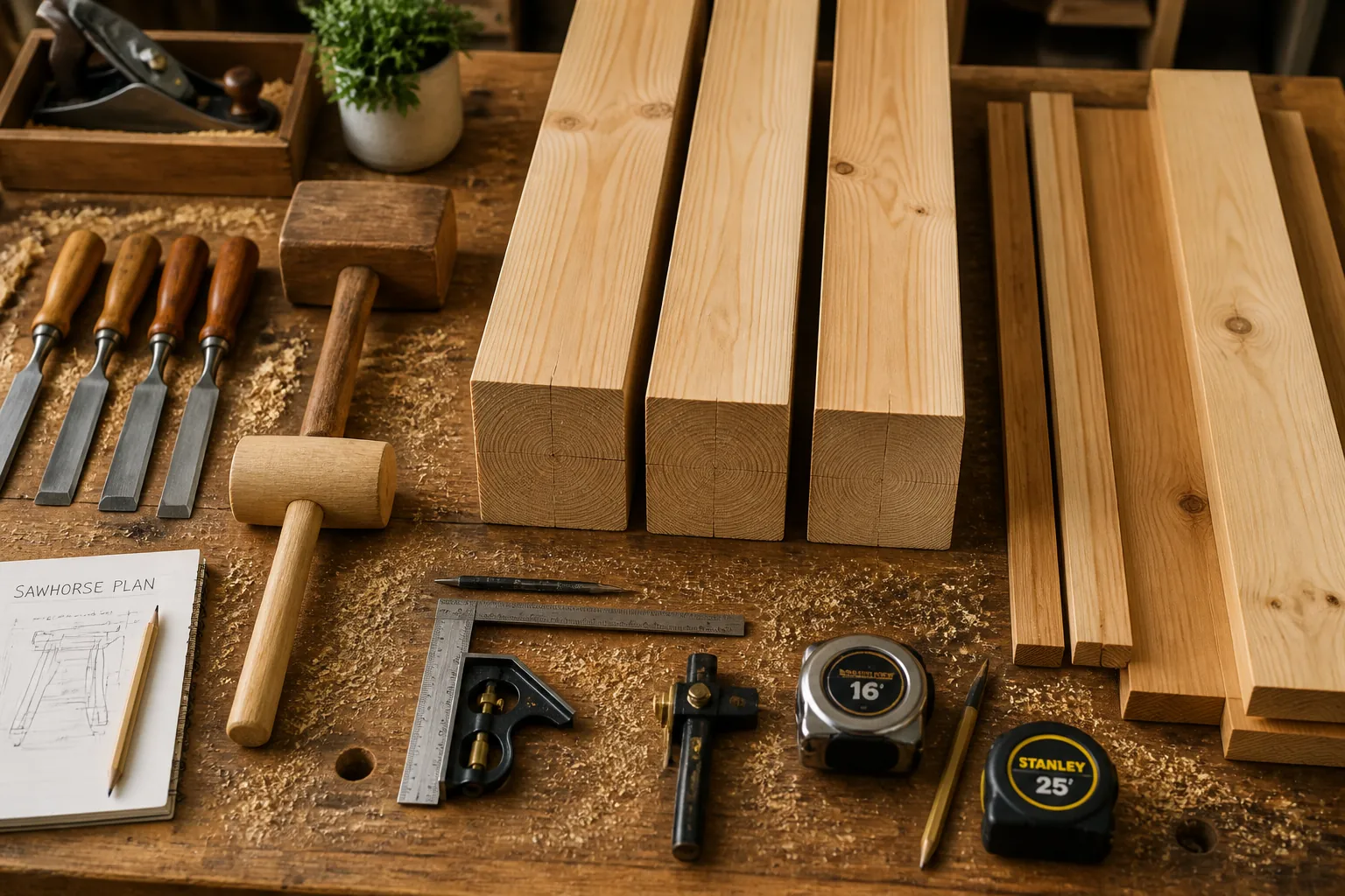 Organized workshop table showing neatly arranged woodworking hand tools including chisels, mallets, measuring tapes, and various sizes of lumber boards ready for cutting