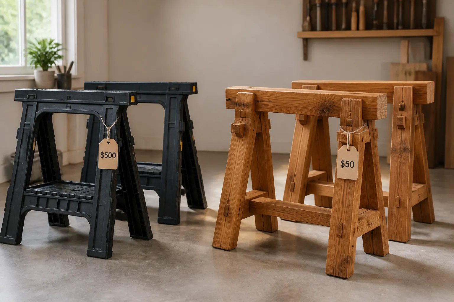 Professional contractor David Martinez using his timber frame sawhorses on a busy job site, holding a circular saw