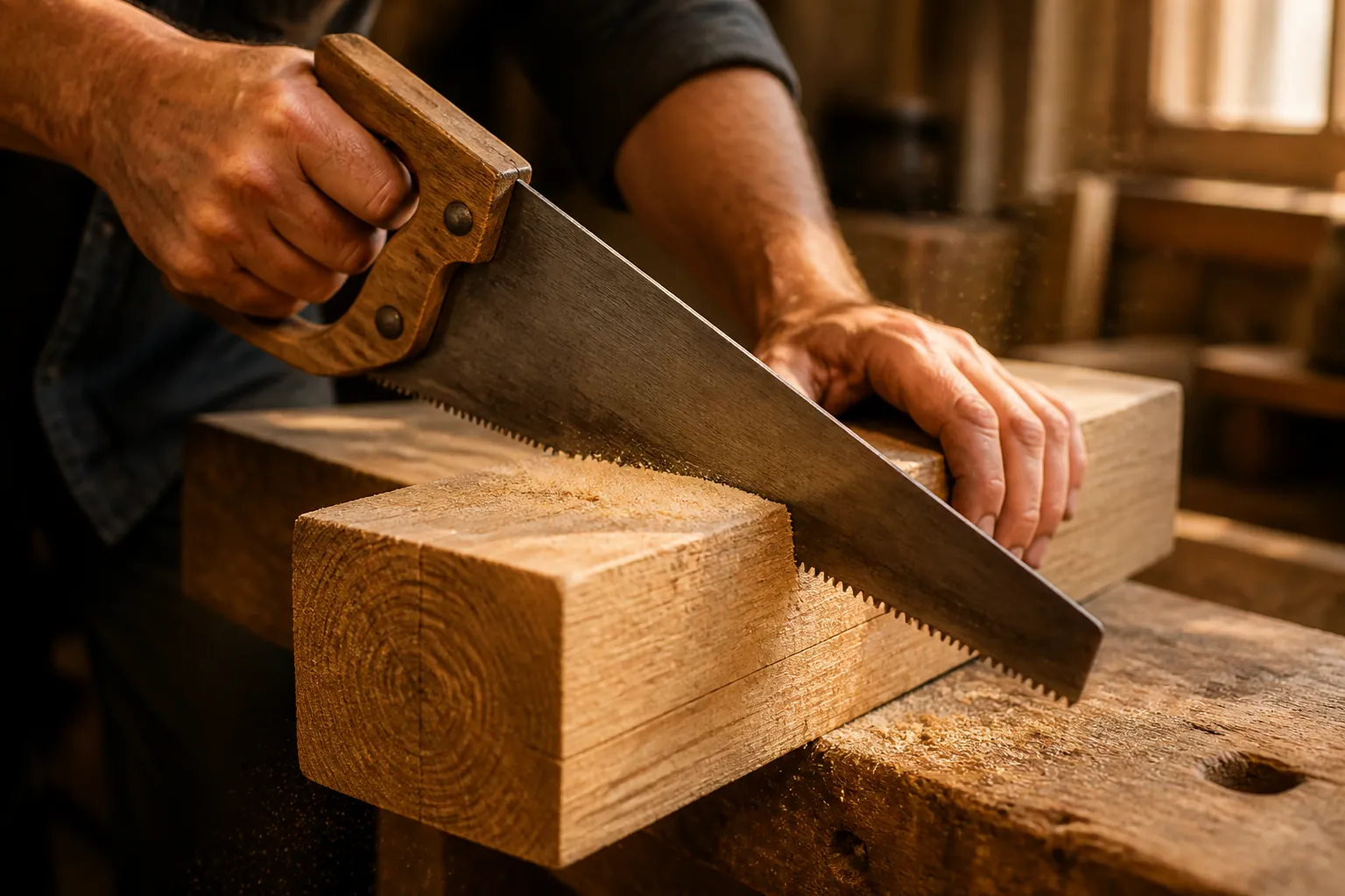 Close-up of skilled hands using a handsaw to cut a 6x6 timber beam on a workbench, showing the blade entering the wood with precision