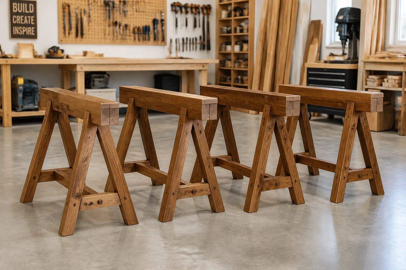 Finished timber frame sawhorses with protective wood stain coating, displayed in a clean workshop environment