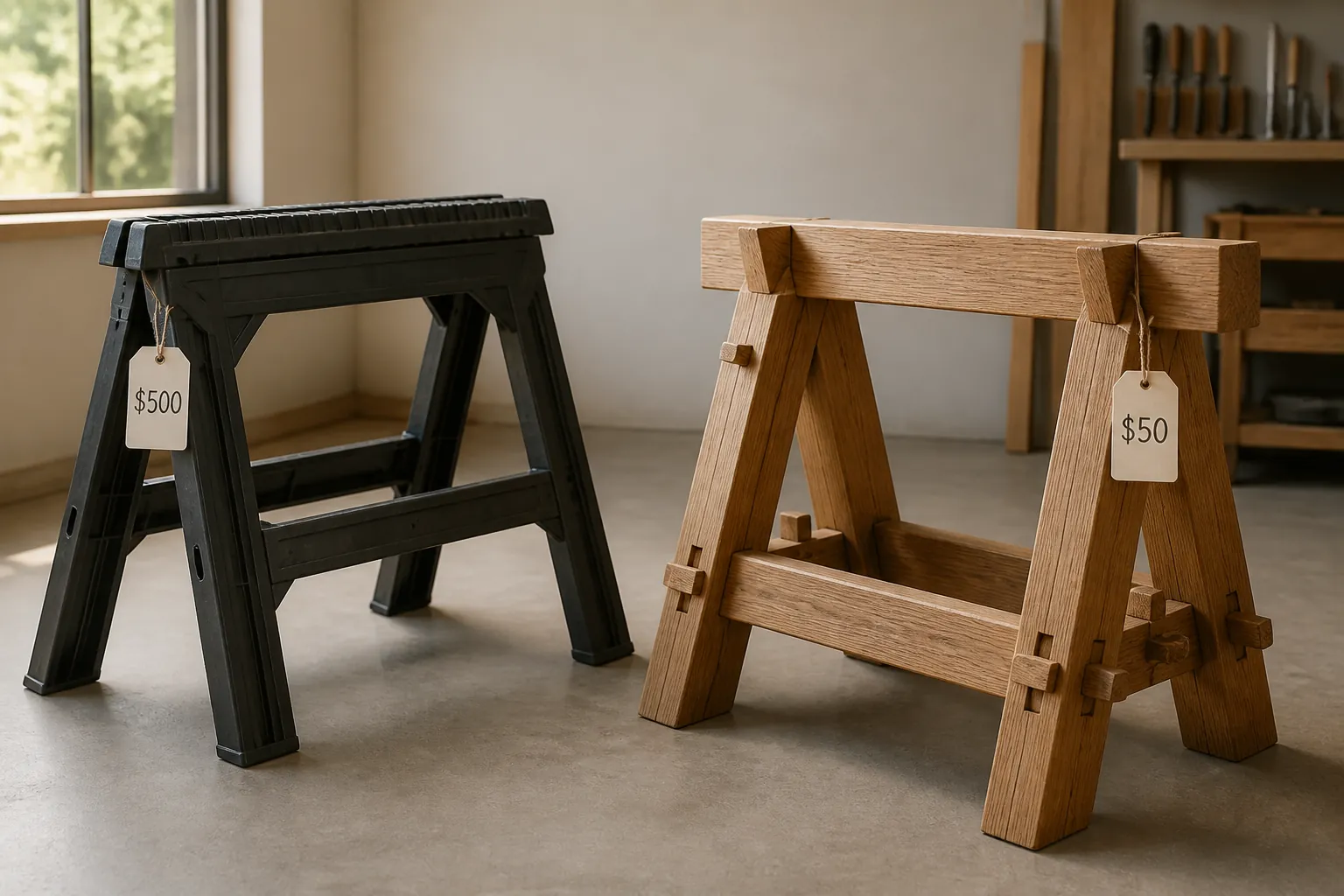 Side by side comparison showing expensive store-bought plastic sawhorses on the left and beautifully crafted hand-built timber frame sawhorses on the right, with price tags showing $500 vs $50