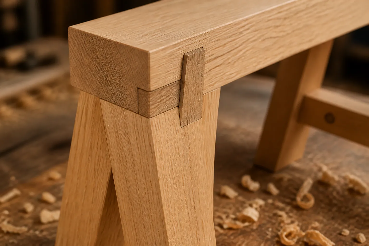 Beautiful timber frame sawhorses built by student Mike Thompson in his home garage workshop, finished with natural wood stain
