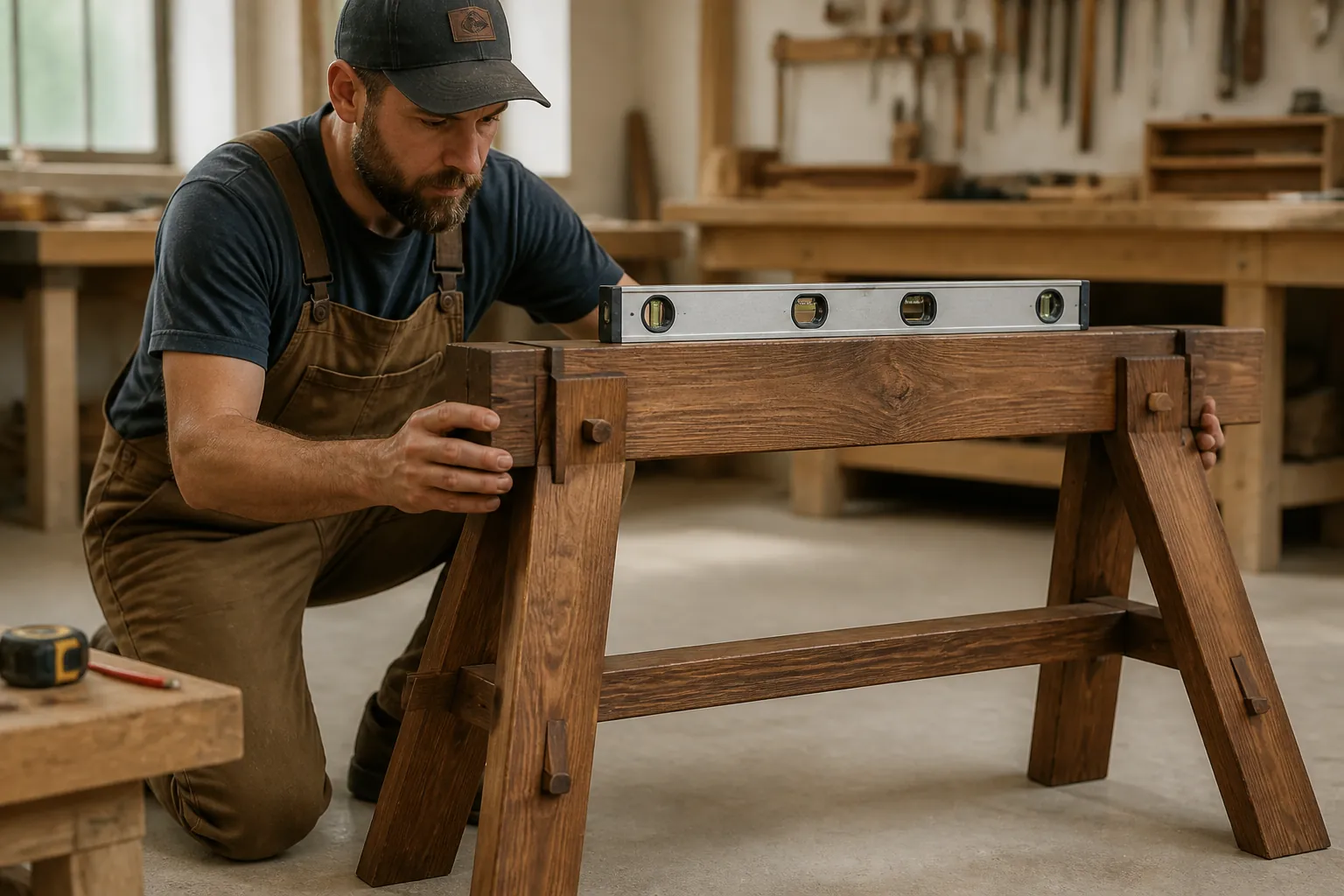 Woodworker carefully fitting together the legs of a timber frame sawhorse, checking alignment with a spirit level