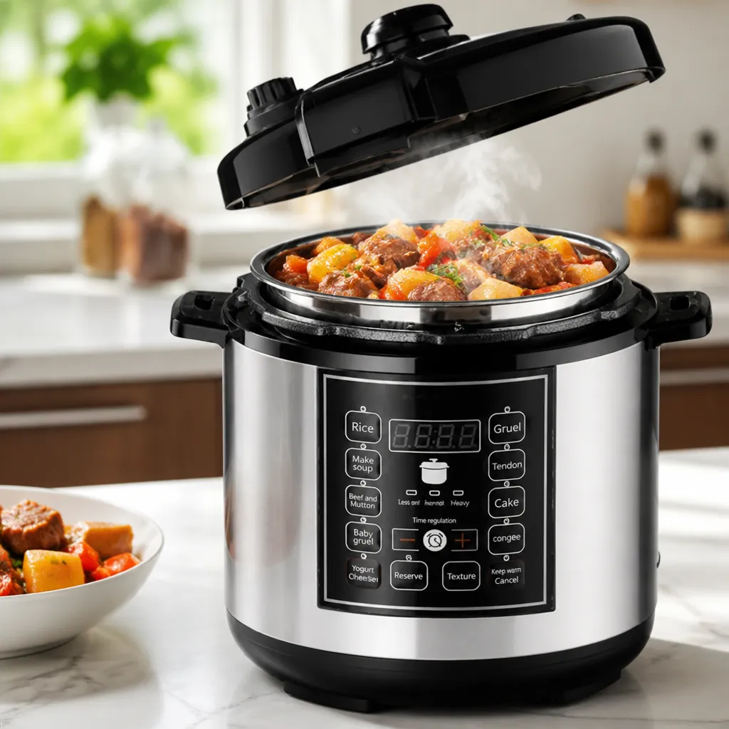 Detailed technical specifications diagram of the pressure cooker showing capacity markers, safety valve locations, LCD display panel, and aluminum alloy interior construction