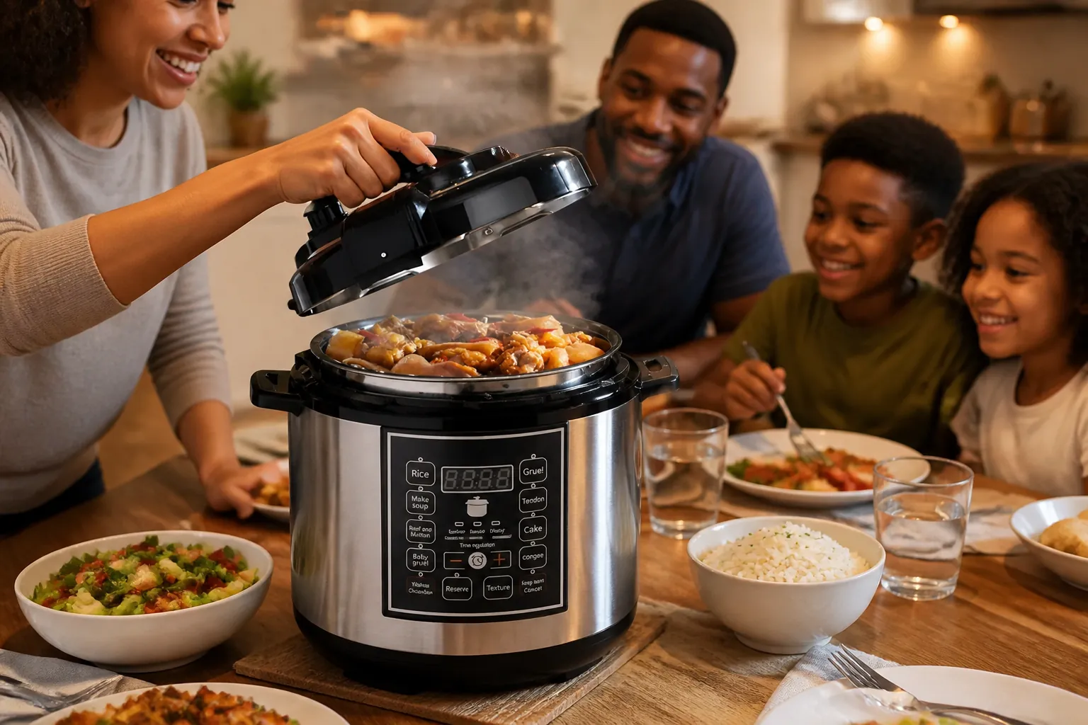 A happy family gathered around a dinner table with steam rising from delicious food in warm kitchen lighting