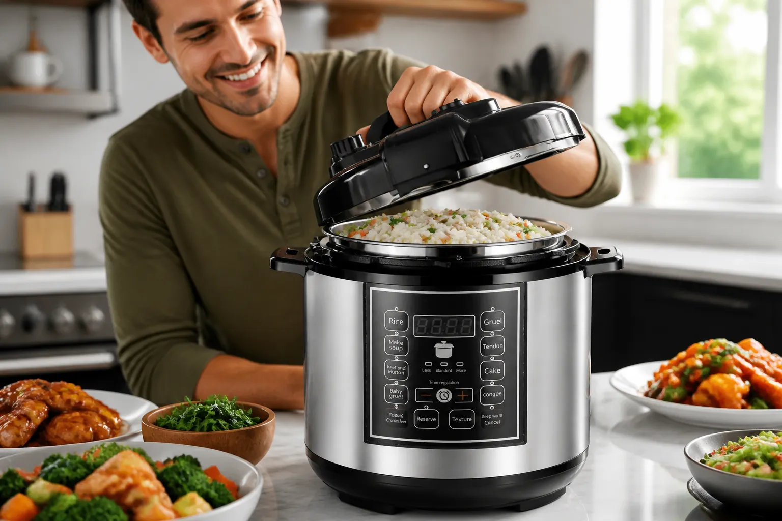 Clean organized pressure cooker results showing perfectly cooked rice with fluffy texture, fresh vegetables, and happy chef in a pristine modern kitchen
