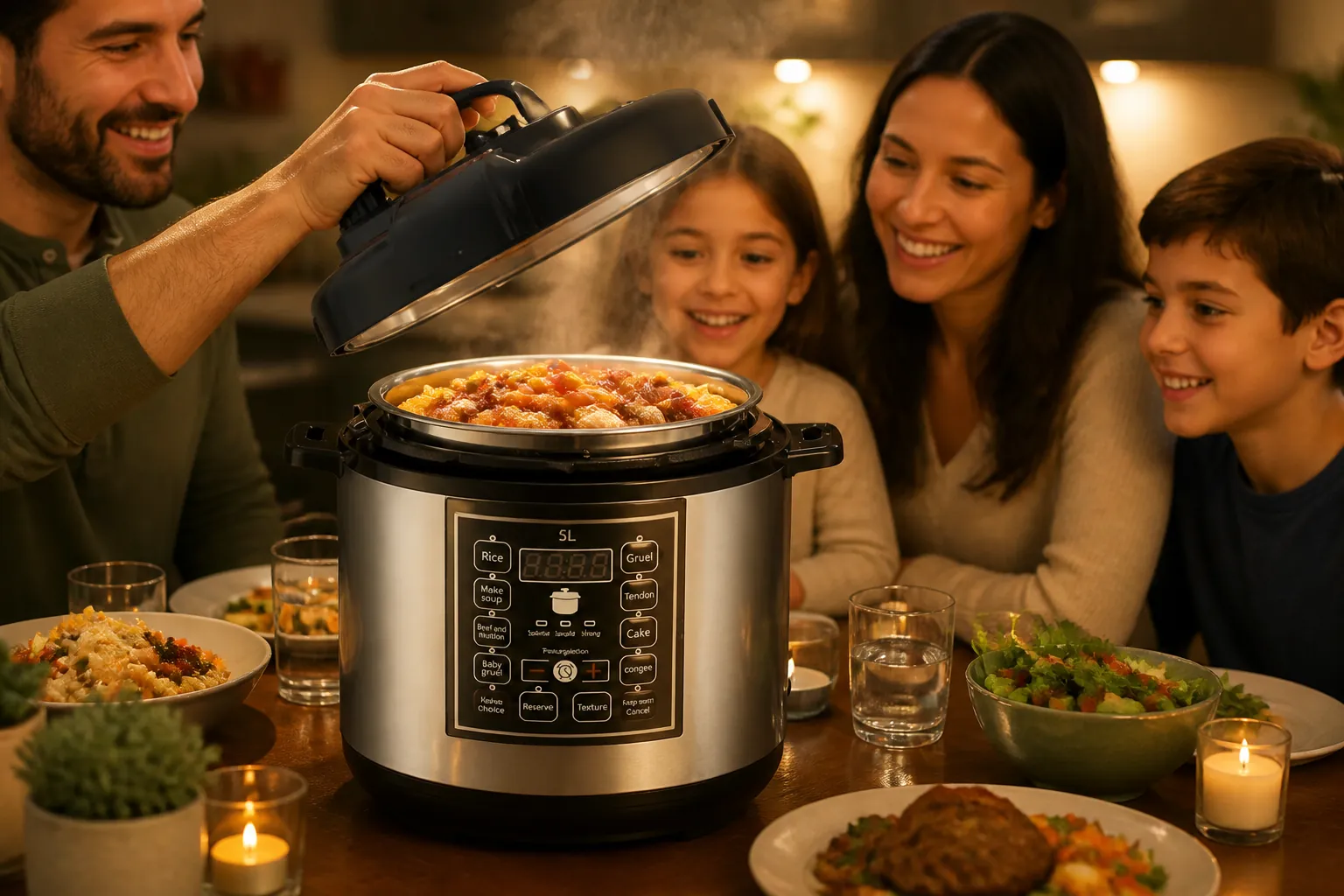 Warm intimate scene of a happy family gathered around a dinner table, steam rising from delicious food, golden kitchen lighting creating a cozy atmosphere