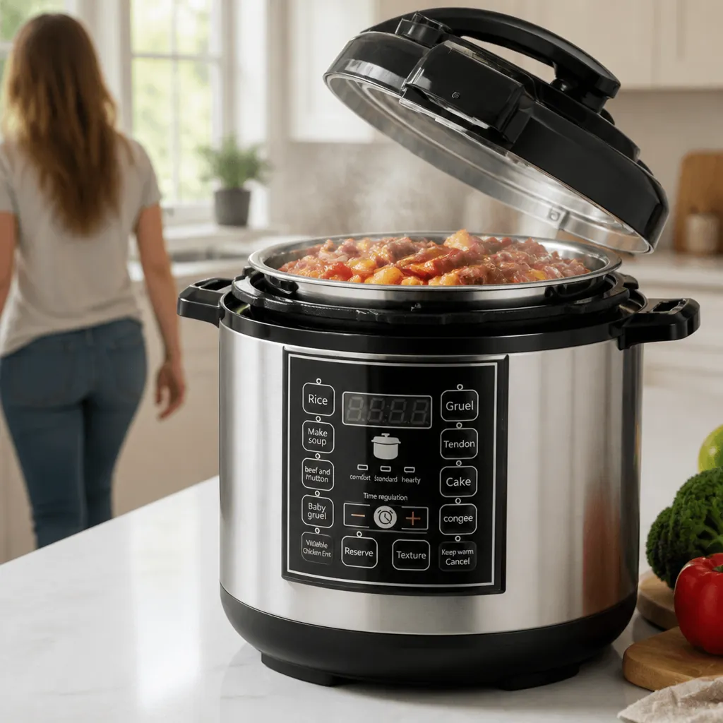 Happy person walking away from kitchen with arms relaxed while steam rises from the pressure cooker behind them