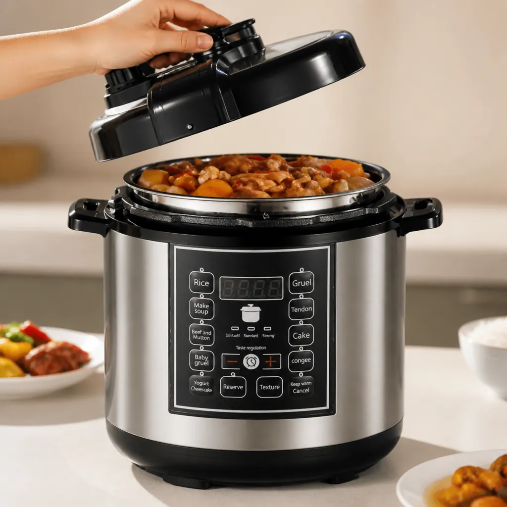 Close-up of pressure cooker LCD display showing timer being set to 8 hours with finger touching the control panel