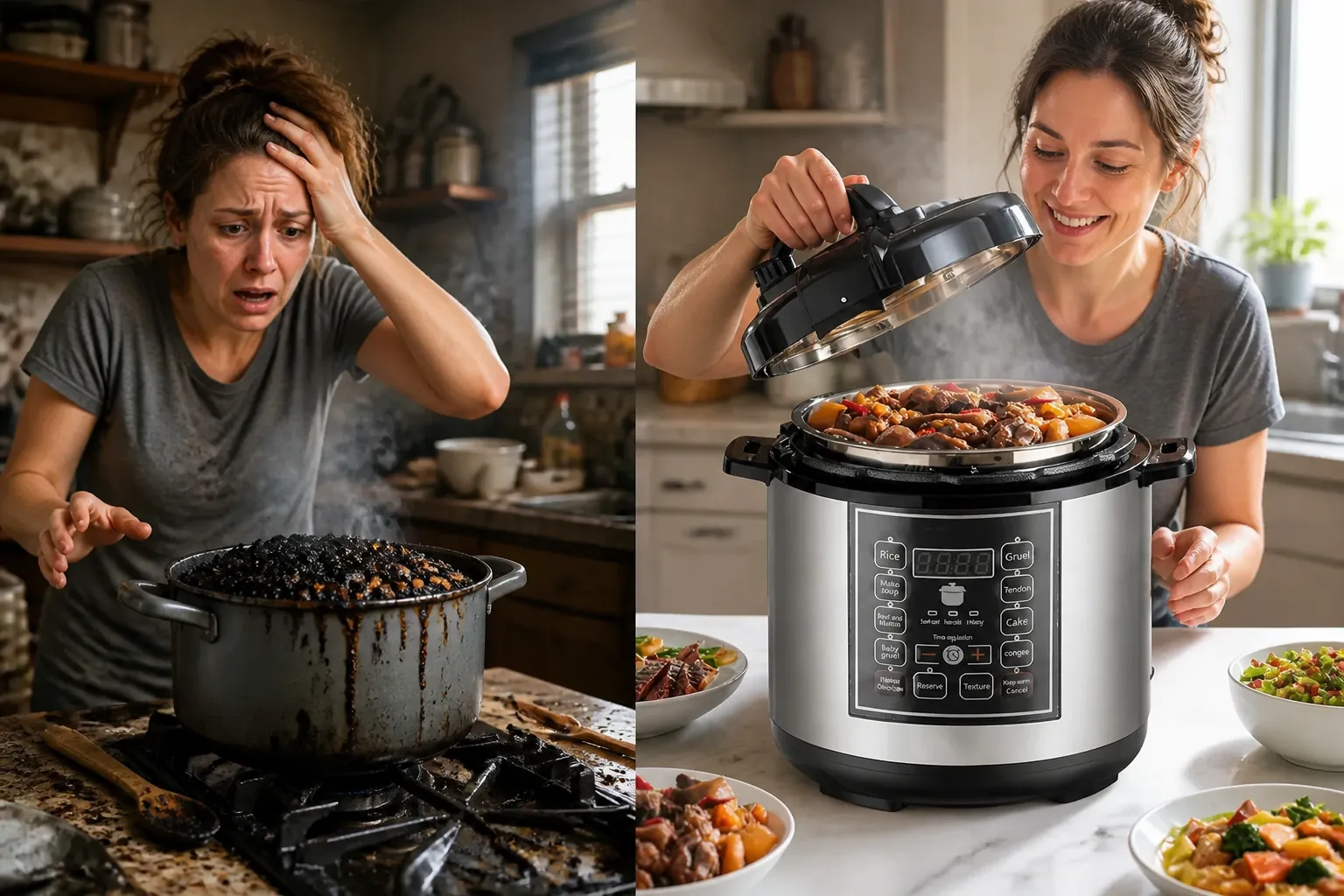 Traditional stovetop cooking showing burnt pot with overflow, smoke rising, and stress on a cook's face in a chaotic kitchen environment