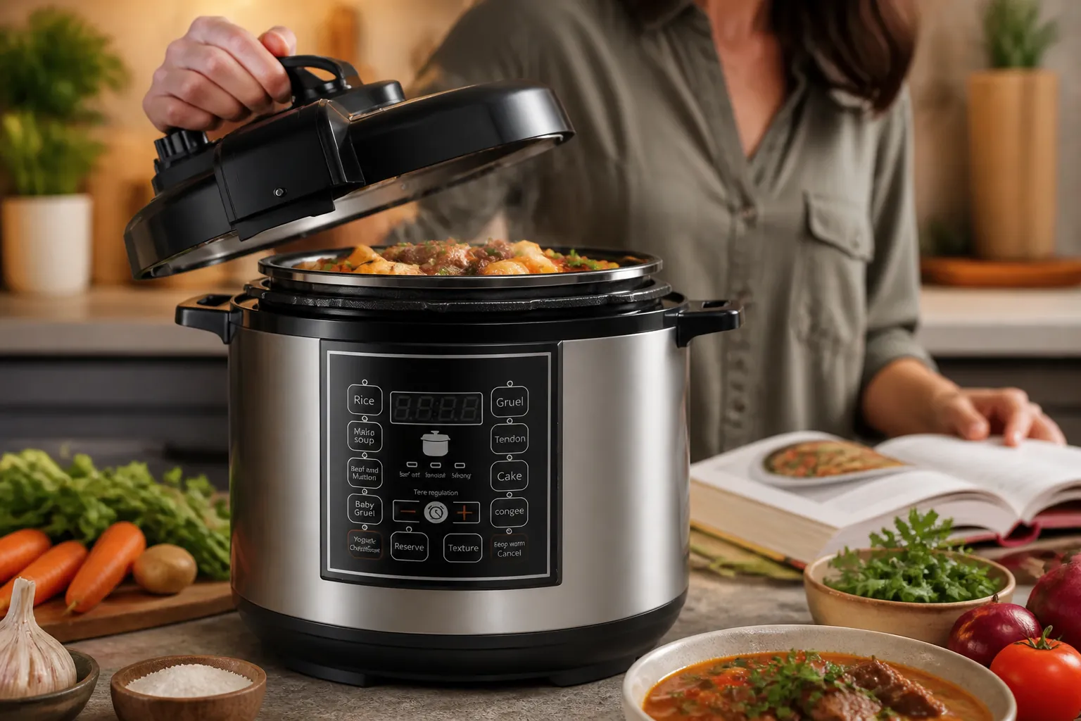 Modern kitchen counter with sleek pressure cooker, open recipe book, fresh organic ingredients, and warm ambient lighting