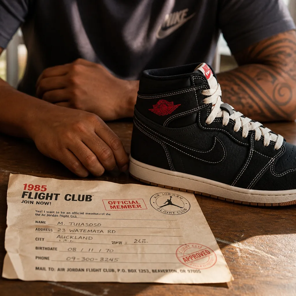 Vintage 1985 Flight Club mail-in membership form with handwritten address labels and official club stamps in retro typography
