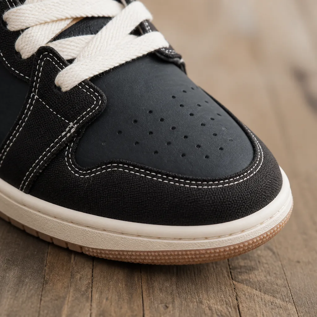 Angular macro shot of the reinforced toe box featuring perforations for breathability and structured overlay panels in premium textile