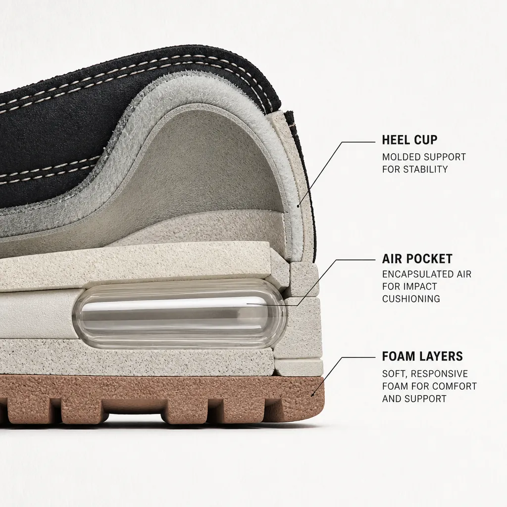 Technical cross-section illustration displaying the Nike Air-Sole cushioning system with labeled components showing air pocket, heel cup, and foam layers