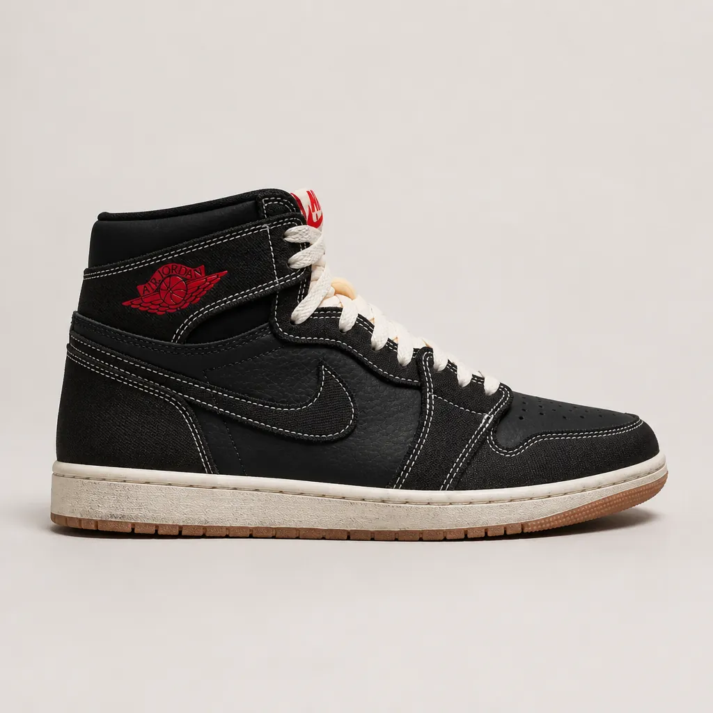 Full side profile view of the Air Jordan 1 High OG showcasing the iconic silhouette, Swoosh placement, and red accent color blocking