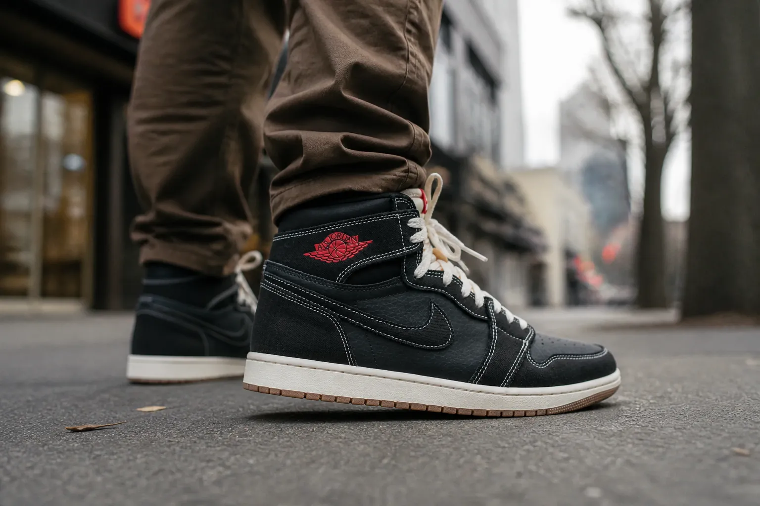 Urban lifestyle photo of someone confidently walking in Air Jordan 1 Flight Club sneakers on a city sidewalk with blurred background