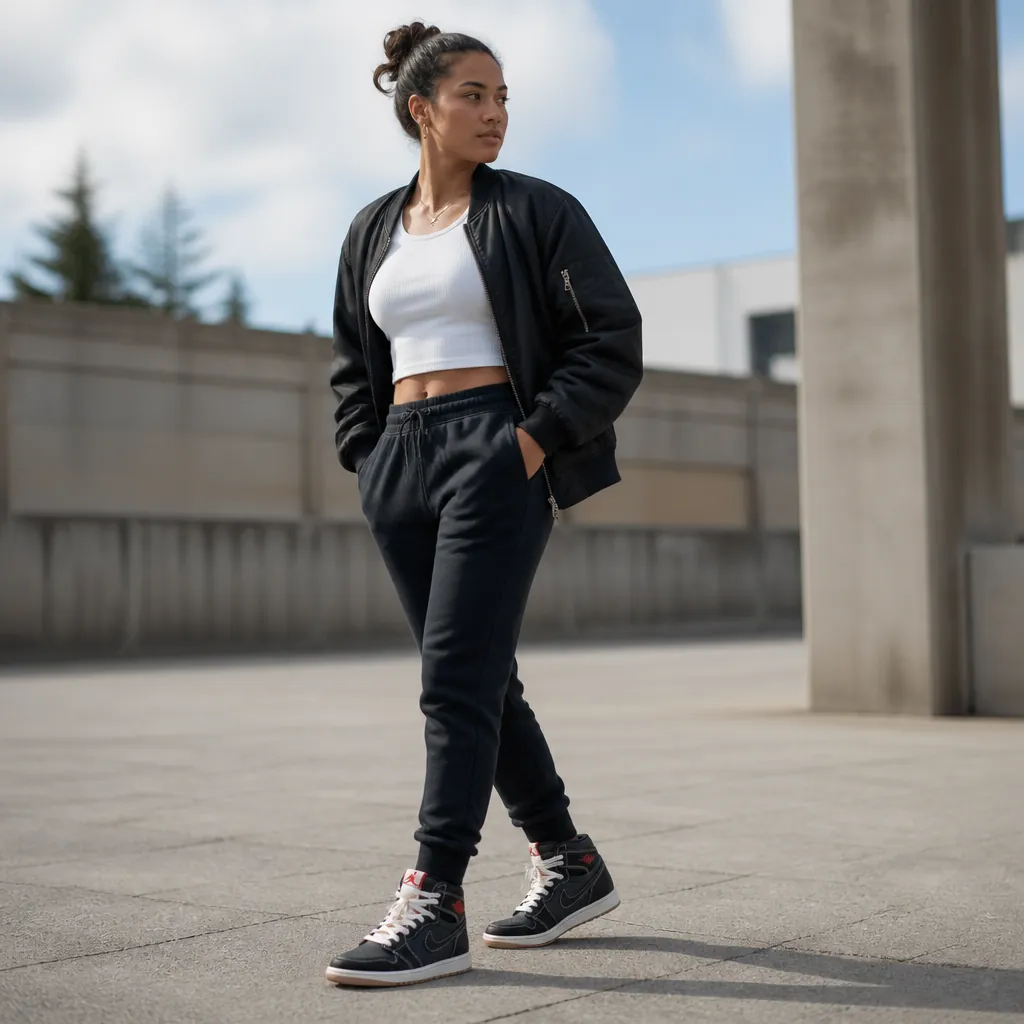Modern athleisure ensemble pairing Air Jordan 1 Flight Club with jogger pants, fitted tank top, and bomber jacket in an active lifestyle scene