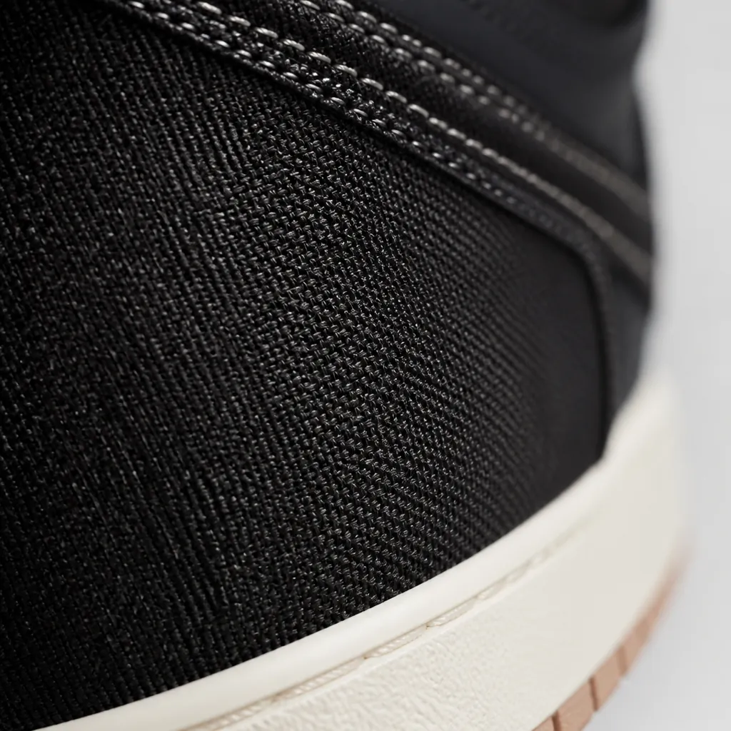 Close-up macro photograph of the premium black woven textile upper showing intricate cross-hatch pattern with subtle texture depth and durability weave construction