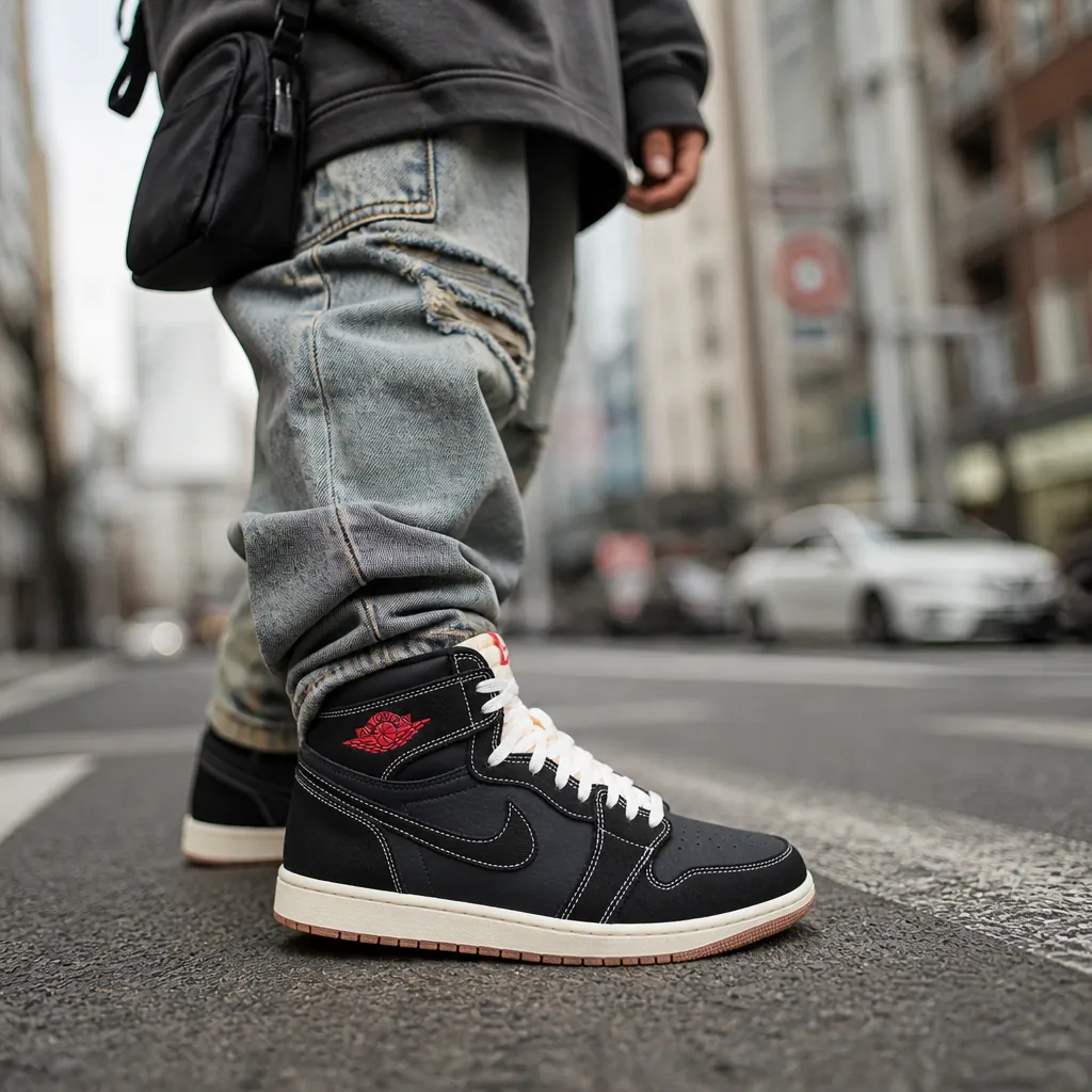 Urban streetwear outfit featuring Air Jordan 1 Flight Club styled with distressed denim jeans, oversized hoodie, and cross-body bag in metropolitan setting